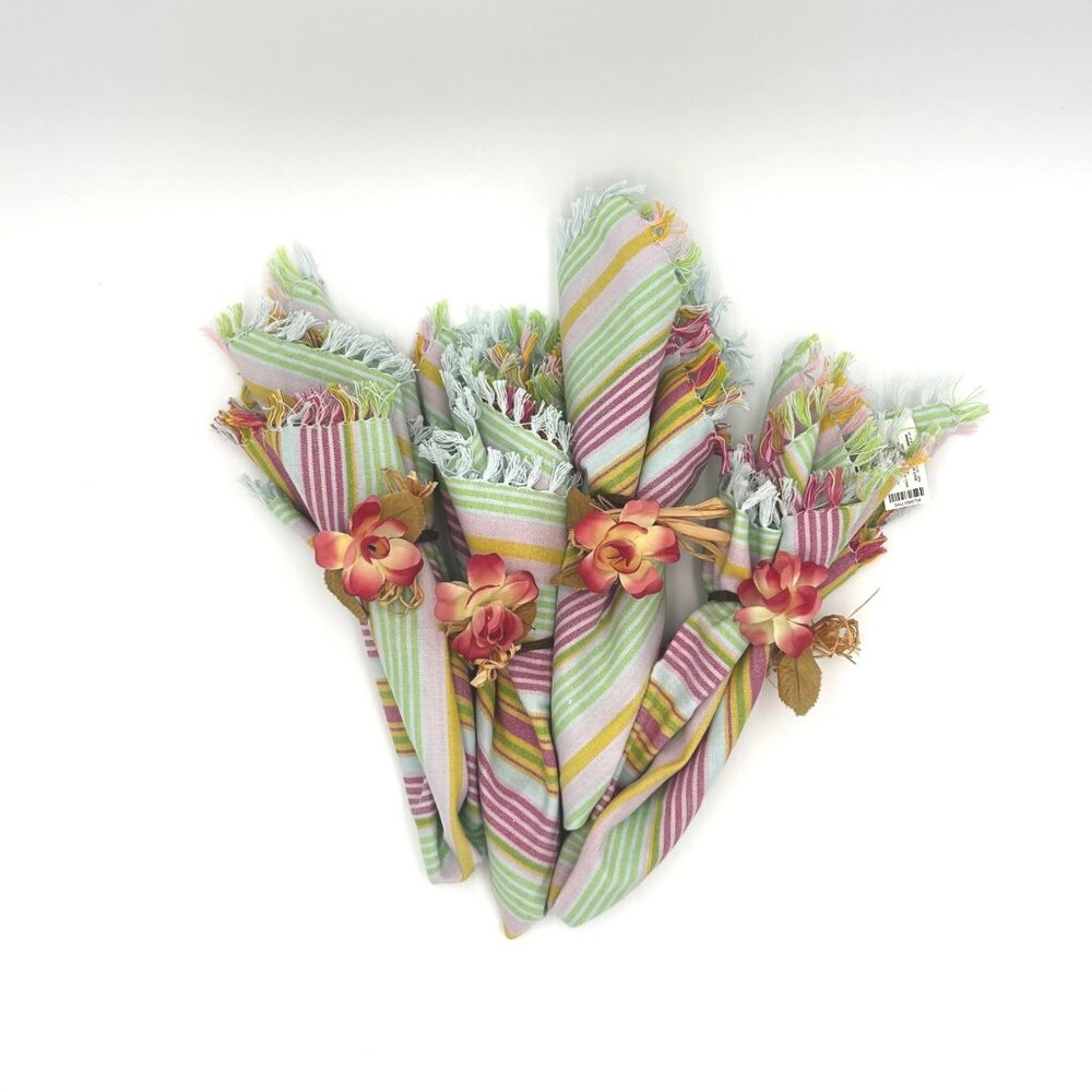 NWT Pier1 Striped Napkins & Floral Napkin Rings | SET OF 4 |Spring, Summer Decor